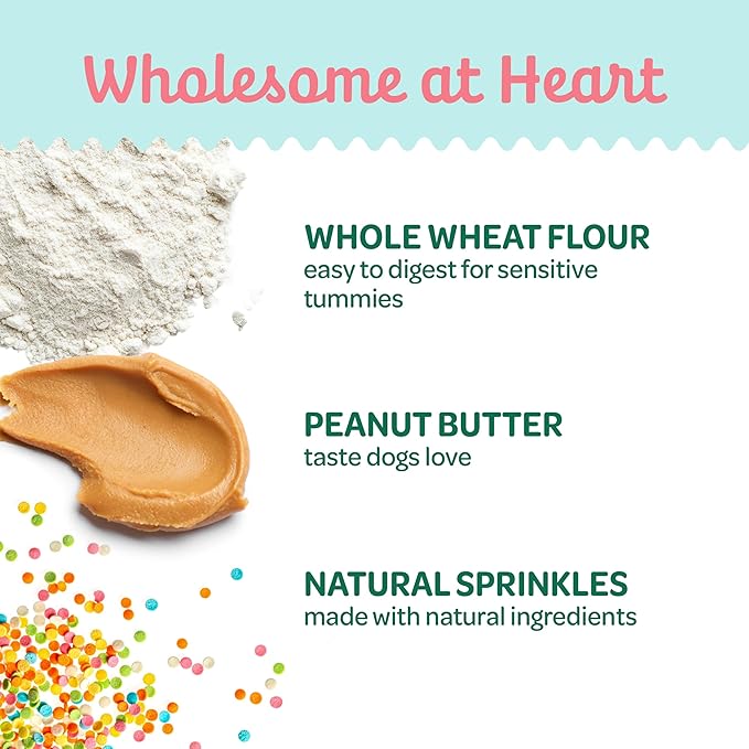 Wholesome Pride Birthday Biscuits Dog Treats, Real Peanut Butter, All Natural, No Artificial Preservatives or Colors, Crunchy Heart-Shaped Snacks, 8 oz Bag, Made in USA