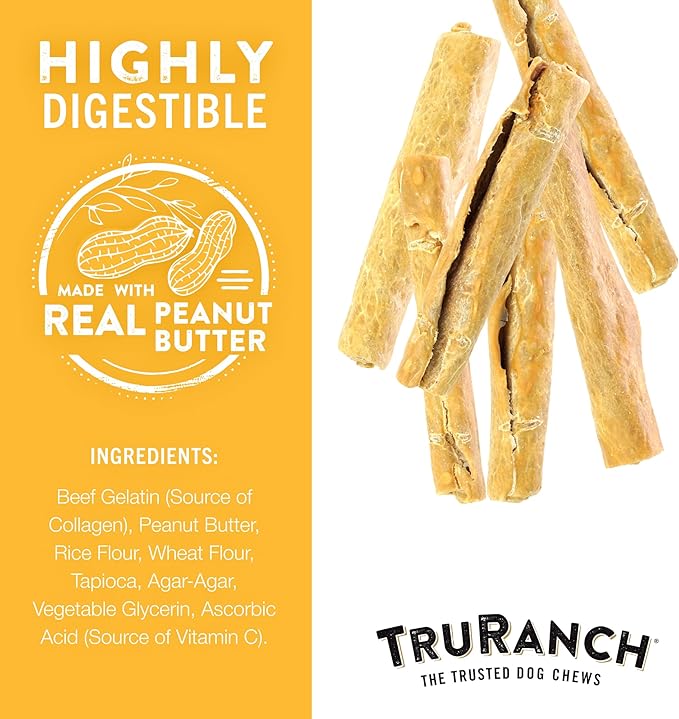 TRURANCH Collagen Rolls - 6" Collagen Rolls for Dogs - Long Lasting Healthy Joint Support - Rawhide Alternative - Skin & Coat Health - Made with Real Peanut Butter, Value Pack, 3 Bags, 12 Count