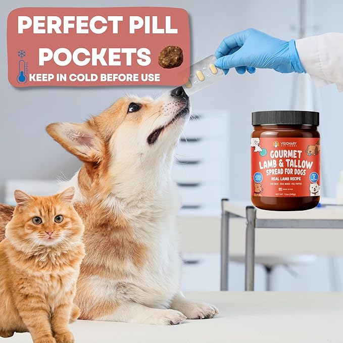Visionary Pet Foods Lamb and Tallow Meat Spread - Healthy Dog Treat - Alternative to Dog Peanut Butter, Xylitol Free, No Sugar and Filler Free - Use on Lick Mat, Food Mixer, Pill Pockets - 12oz Jar
