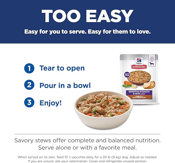 Hill's Science Diet Sensitive Stomach & Skin, Adult 1-6, Stomach & Skin Sensitivity Support, Wet Dog Food, Turkey & Vegetables Stew, 2.8 oz Pouch, Case of 24