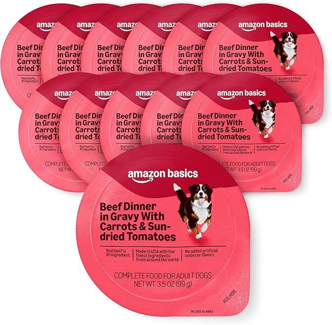 Amazon Basics Wet Dog Food, Beef Dinner in Gravy with Carrots & Sun-Dried Tomatoes, Made with Real Beef, 3.5 oz Cup, (Pack of 12)