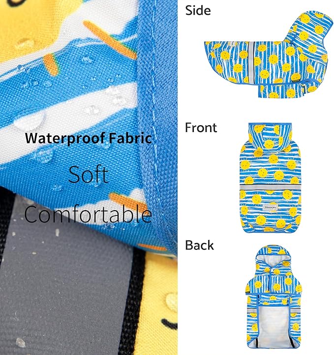 Fitwarm Stirped Sun Dog Raincoat, Waterproof Rain Jacket for Small Dogs Boy Girl, Reflective Puppy Poncho with Harness Hole, Packable, Adjustable, Blue, Yellow, White, XL