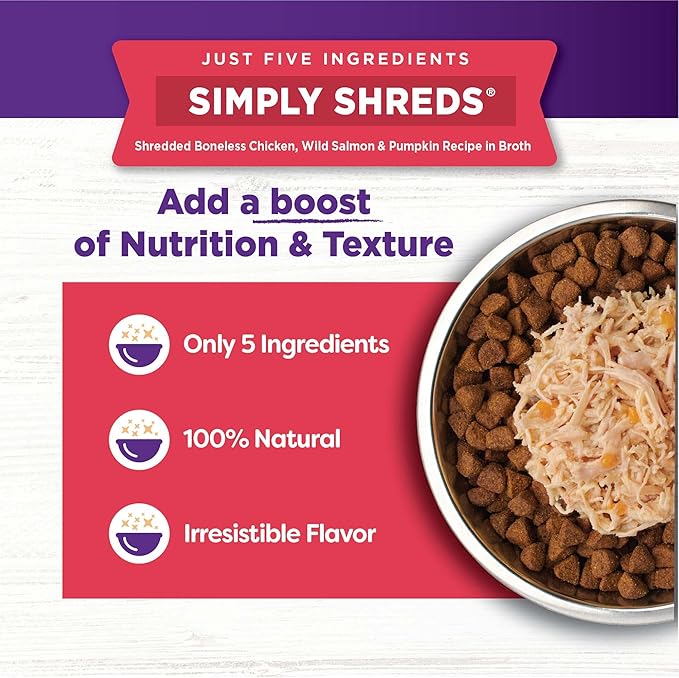 Wellness Bowl Boosters Simply Shreds Wet Dog Food Topper for Small, Medium, & Large Breeds, Grain Free, Natural, Wild Salmon & Pumpkin, 2.8 Ounce Pouch (Pack of 12)