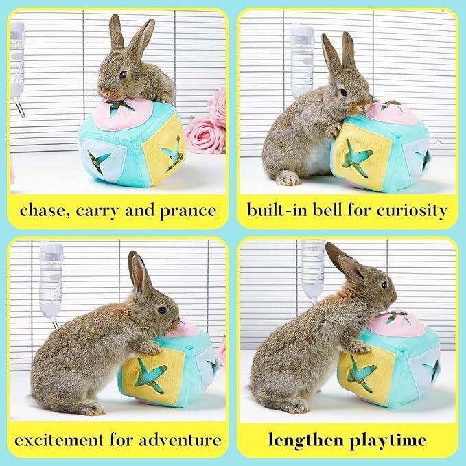 2pcs Large Rabbit Foraging Toy with Bell & Natural Rabbit Scratching Pad, Washable Puzzle Feed Game with Soft Cotton Rope Mat for Indoor Bunnies