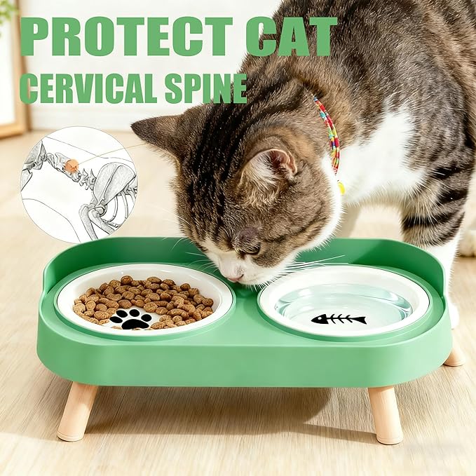 Elevated Cat Bowls, 2 Ceramic Raised Cat Food and Water Bowl Set, Prevent Cat Chin Acne, Whisker Fatigue Friendly, Splash Proof & Dishwasher Safe for Indoor Cats and Small Dogs - Green