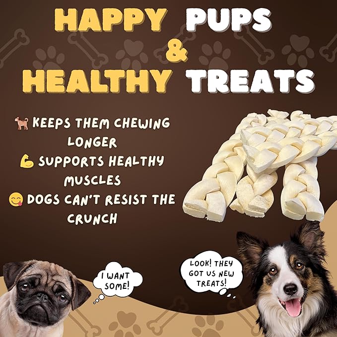 Woofley's 6" Buffalo Beef Cheek Braids Regular - (50 Count)- Beef Cheek Dog Chews - No Hide Bones for Dogs