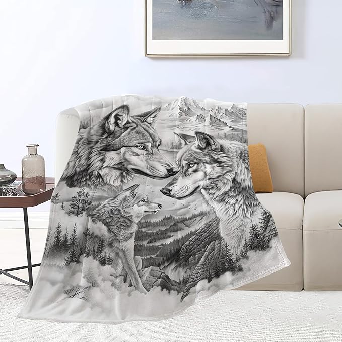 banonaty Wolf Blanket Wolfs Throw Blankets Cozy Fleece Flannel Gray and White Blanket Bedding Wolf Stuff Gifts for Men Women Boys Girls Teens Adults for Couch Sofa Bed Decor 50"X60"