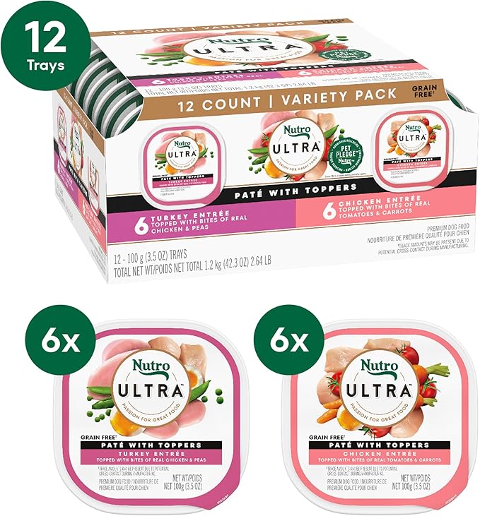 Nutro Ultra Wet Dog Food Pate with Food Toppers for Dogs, Chicken & Turkey Entree Variety Pack, 3.5 oz Trays (12 Count, Pack of 1)