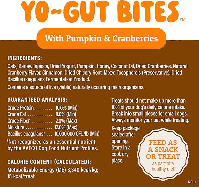 Natural Balance Yo-Gut Bites Crunchy Dog Treats with Real Pumpkin & Cranberries, Greek Yogurt Drizzle, Probiotics for Digestive Support, 4.5oz Bag