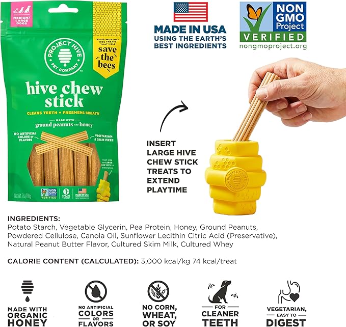 Dental Chew Sticks for Dogs 7 oz – Large (M/L) – Textured Dental Treats, Fit Hive Toys – Vegetarian, Made with Ground Peanuts & Honey, No Grain or Soy, Cleans Teeth & Freshens Breath