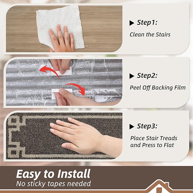 BEQHAUSE Stair Treads for Wooden Steps Non Slip Washable Carpet Stair Treads with Reusable Residue Free Backing Soft Polyester Stair Rugs Indoor for Kids Elders and Dogs 9”x28”,4pcs,Brown