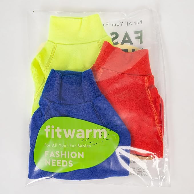 Fitwarm 3 Pack Classic Fleece Dog Sweater, Winter Clothes for Small Dogs Boy Girl, Turtleneck Dog Sweatshirt, Pet Apparel, Orange Red, Royal Blue, Neon Yellow, XS