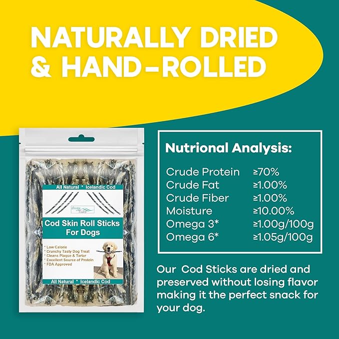 Ocean Tides Cod Skins for Dogs and Cats 32 Oz - Icelandic Atlantic Fish Skin Treats, Dried Lean Crunch Sticks Chews, Single Ingredient Healthy Treat for Dogs, Crunch Fish Sticks for Puppies and Cats