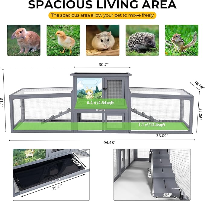 COZIWOW Large Rabbit Hutch Bunny Cage Outdoor Indoor Wooden Small Animal House with Sloped Roofs, Pet Run, No-Leak Tray, 4 Doors, Non-Slip Ramps, Colorful Patterns (Grey)