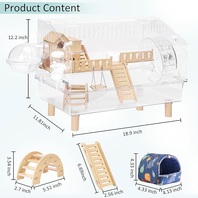 10-in-1 Acrylic Hamster Cage - Double Layer Fully Transparent Hamster Cages with All Accessories, Open Top Hamster House for Pet Mice, Dwarf Hamsters and Gerbils,18.50"x11.81"x14.56"