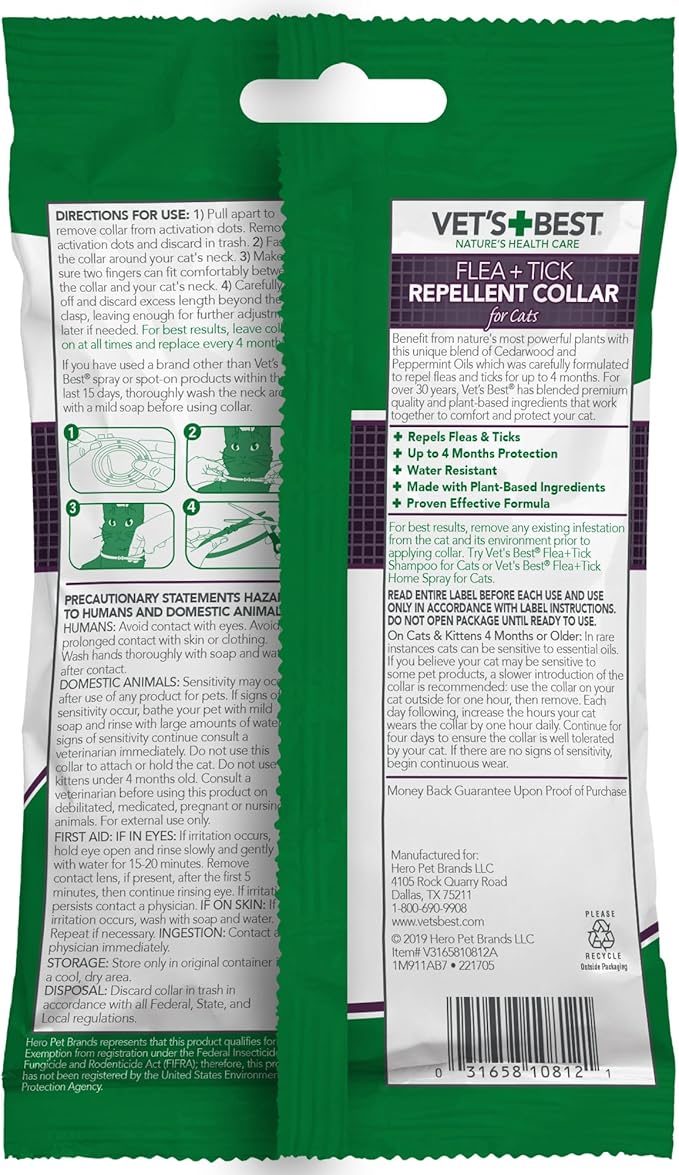 Vet’s Best Flea and Tick Repellent Collar for Cats, Plant-Based Flea and Tick Prevention Collar with Natural Oils, Adjustable Cat Collar Up to 20 Inch Neck