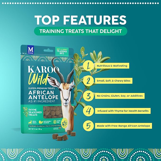 Karoo Wild Training Bits Thyme Seasoned Treats for Dogs – 4 oz – Soft & Chewy Protein Bits Made with African Antelope – Great for On-The-Go Rewards & Positive Reinforcement