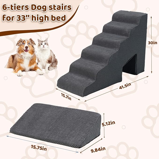 Dog Stairs for High Beds 30-36 inches Tall, 6-Step Dog Steps for Small Dogs Senior Dogs & Cats, 6 Steps Memory Foam Pet Steps with 3 Ramps, Non-Slip Removable Washable Cover, Grey