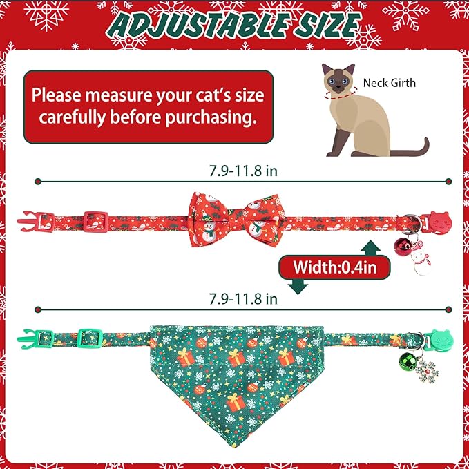EXPAWLORER Christmas Cat Collar Breakaway with Removable Bowtie and Bandana, Adjustable Holiday Cute Kitten Collar with Bell, Ideal Festival Xmas Decoration Gift for Girl Boy Cats Puppies, 2 Pack
