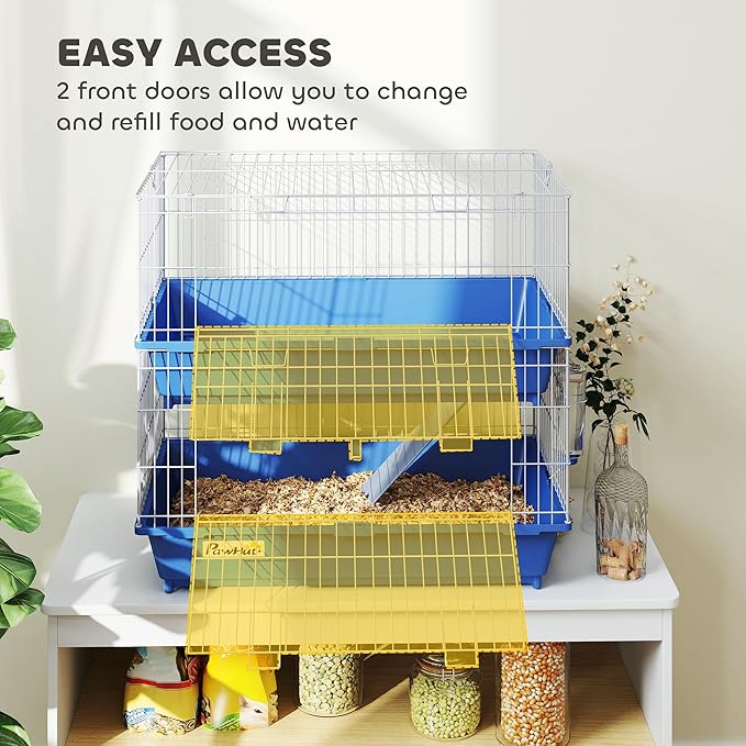 PawHut 2-Tier Guinea Pig Cage, Ferret Cage, Chinchilla Cage, Small Animal Cage Indoor with Dish and Bottle, 2 Doors, Deep Bottoms, Ramp, 28", Blue