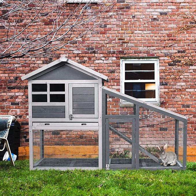 Tangkula Rabbit Hutch Indoor Outdoor, Wooden Chicken Coop, Bunny Hutch with Run, Ventilation Door, Removable Tray, Ramp, Sunlight Panel, Backyard Garden Animals Pet Cage (Gray)