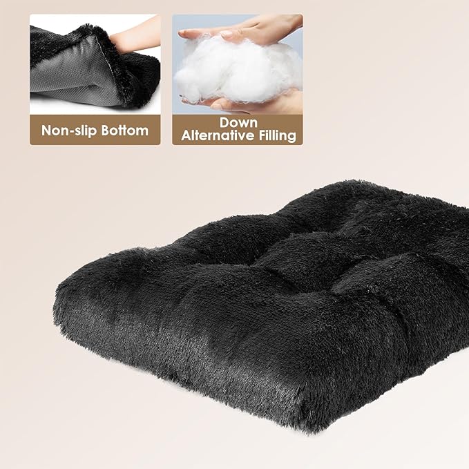 EHEYCIGA Fluffy Dog Crate Bed for Large Dogs, Plush Faux Fur Crate Pad, Calming Anti Anxiety Large Dog Bed, Washable Soft Warm Mat with Non-Slip Bottom, Black