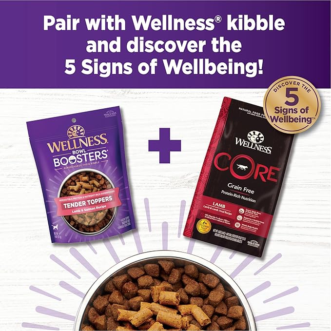 Wellness Tender Toppers (Previously CORE Bowl Boosters), Grain-Free Natural Dog Food Toppers or Mixers, Made with Real Meat (Lamb & Salmon, 8 oz Bag) (Pack of 2)