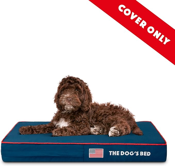 The Dog’s Bed Replacement Outer Cover, Oxford Fabric, Blue with Red Trim & USA Flag, Medium, 4-Inch