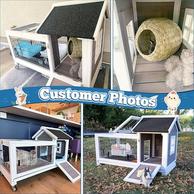 Rabbit Hutch Indoor Outdoor Weatherproof, Bunny Cage with Casters, Urine Guards, Leakproof Tray, Metal Feeder & Openable Roof, Easy Clean for Small Animals