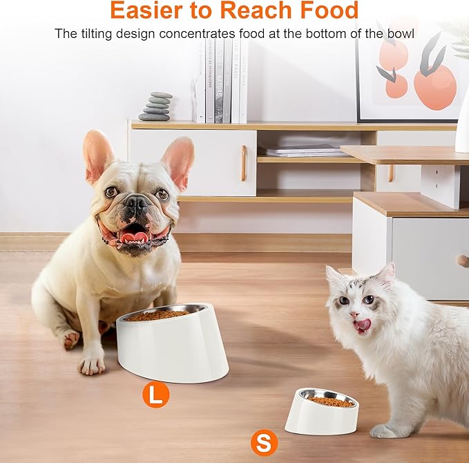 Tilted Dog Bowl Non-Slip & Non-Spill Pet Feeder with Elevated Detachable Melamine Stand, Easy to Get Food Dog Dish, M/180ml White