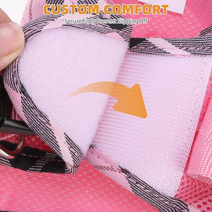 KOOLTAIL Small Dog Harness and Leash Set, Cute Pink Girl Puppy Harness, Step in No Pull Soft Mesh Pet Vest Harness Collar for Small Size Dogs Cats, Plaid Dog Halters for Outdoor Walking, Pink XS