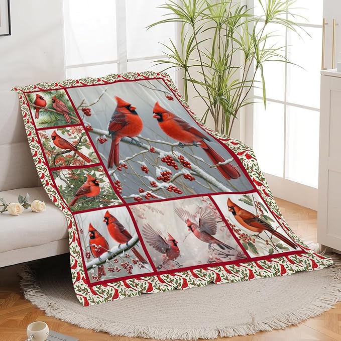 Cardinal Blanket Red Bird Throw Blanket Gifts for Women Men Boys Girls Kids Adults Super Soft Cozy Plush Fluffy Fuzzy Fleece Blanket Home Decor 50''X60''