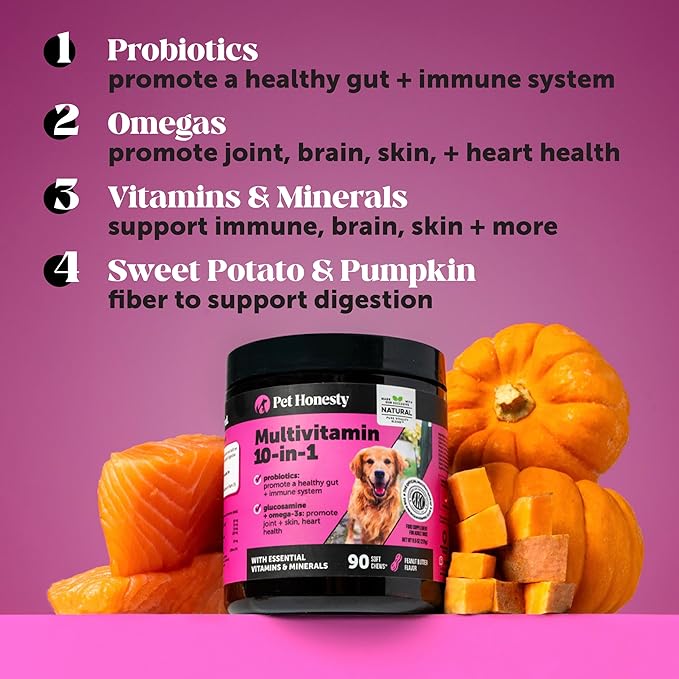 10-in-1 Dog Multivitamin Supplement with Glucosamine & Probiotics - Hip & Joint Support, Digestive Health, Immune Support, Heart & Skin - All-in-One Daily Vitamins & Omega-3s for Dogs (Chicken, 90 Ct)