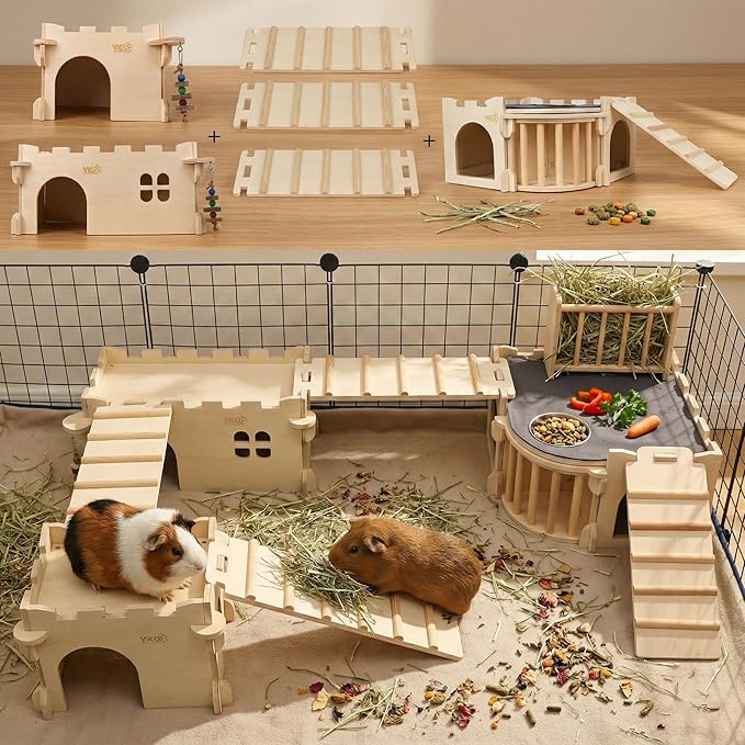 Large Guinea Pig Castle, Natural Wood Rabbit House with Ladder and Hay Feeder, Small Animal Hideout for Rabbit, Guinea Pig, Chinchilla, Hedgehog