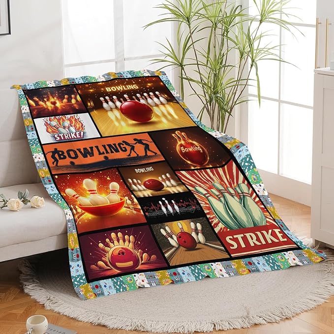 Bowling Blanket Bowling Throw Blanket Gifts for Bowling Lovers Women Men Boys Girls Kids Adults Super Soft Cozy Plush Fluffy Fuzzy Fleece Blanket Home Decor 50''X60''