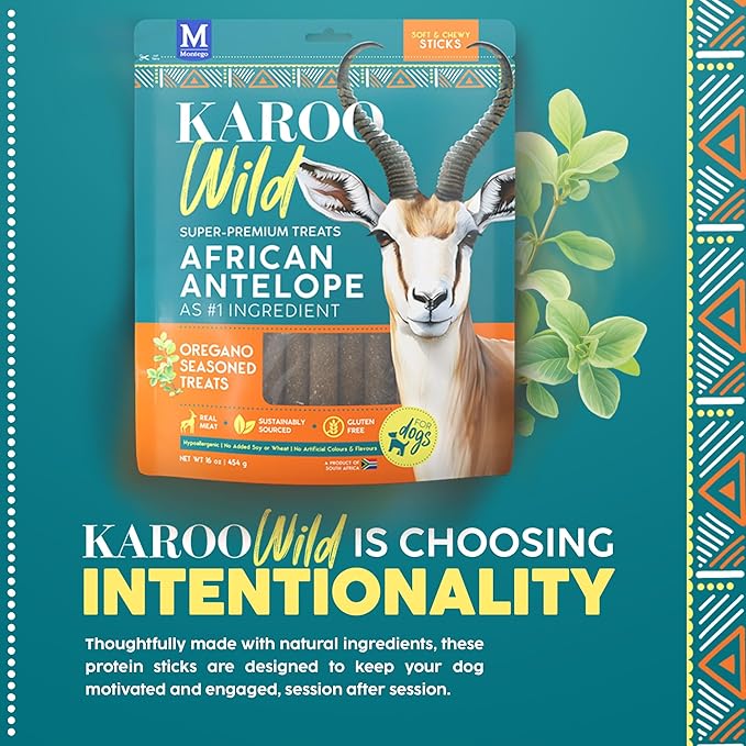 Karoo Wild Sticks Oregano Seasoned Treats for Dogs – 16 oz – Soft & Chewy Protein Sticks Made with African Antelope – Ideal for Training & Rewarding
