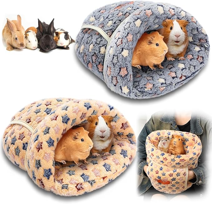 Wenqik 2 Pcs Guinea Pig Hideouts Guinea Pig Bed Washable Bunny Bedding Cuddle Warm Small Pet Sack Supplies Portable Pet Carrier Cage Nest Accessories for Cage(Blue, Khaki,Star)
