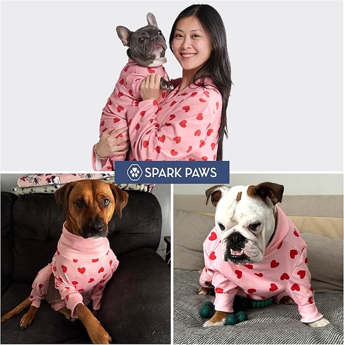 Spark Paws Dog Pajama, Dog Recovery Suit Male, Onesie, Ultra-Soft and 4-Way Stretch, for Small Medium and Large Breeds - Pink Hearts - L