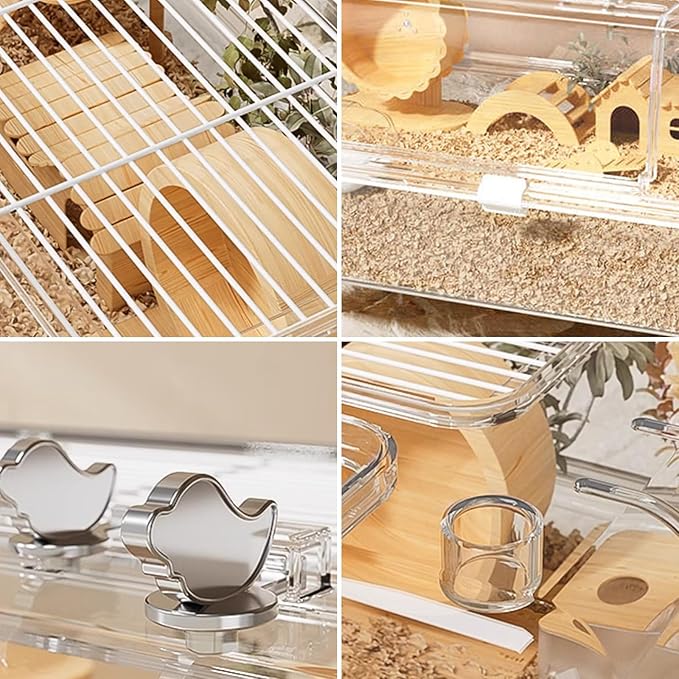 Doppy Acrylic Hamster Cage, 23.6x15x15.7 Clear Transparent Hamster Cage with 360° View & Dual Ventilation Doors, Chewproof Detachable Enclosure for Syrian Dwarf Gerbils Hedgehogs Indoor