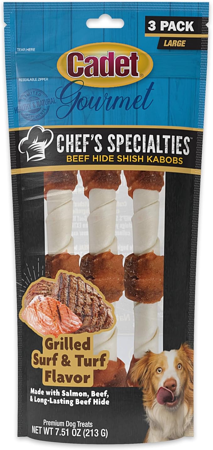 Cadet Chef's Specialties Natural Rawhide Shish Kabob Chew Sticks, Grilled Surf & Turf Flavor, Healthy Dog Treats for Large Breeds, 3 Count