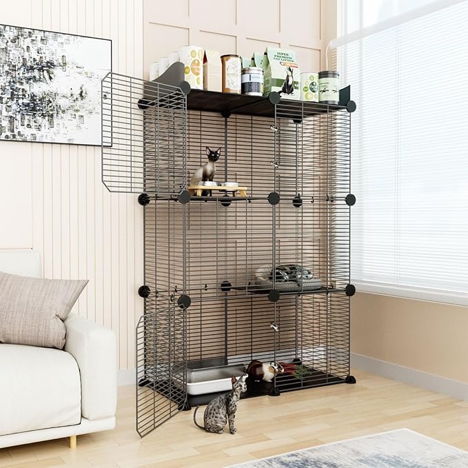 STILLCOVE 2 Tier Cat Cage Indoor, Big Wire Cat Cage Kennels Enclosures DIY Playpen Crates, Pet Pen C&C Cage for 1-2 Cats Kittens