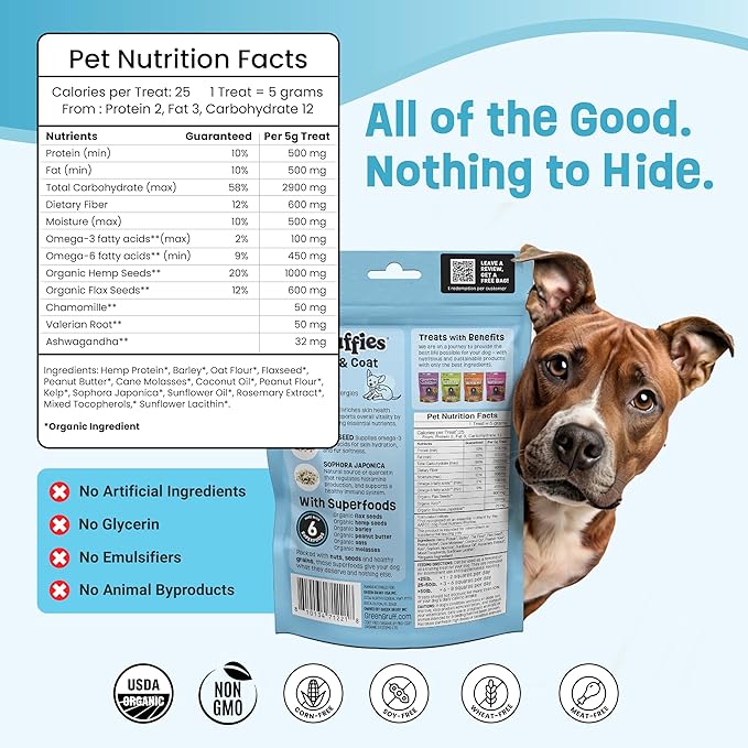 Skin & Coat Organic Dog Treats – Peanut Butter - Itchy & Dry Skin Relief for Dogs - Allergy Support - Flaxseed & Kelp for Omega 3 - Vet Approved, Made in Canada, Non-GMO - 6 oz (Pack of 6)