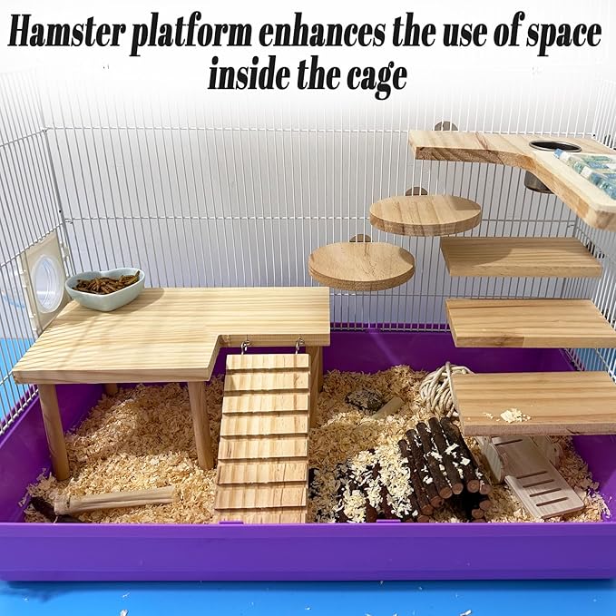 Wooden Hamster Platform with Legs, Small Syrian Hamsters Climbing Platforms with Ramp Kit Wood Ladder Bridge Rat Playing Toy Standing Table Gerbil Cage Accessories