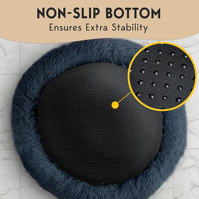 PetJett Small Dog Bed - 23'' Round Dog Beds, Calming Puppy Bed - Anti-Slip & Washable Super Soft Fluffy Plush Faux Fur Pet Bed, Anti-Anxiety Premium Comfort Donut Bed, Fits Dogs upto 25 lbs, Dark Gray