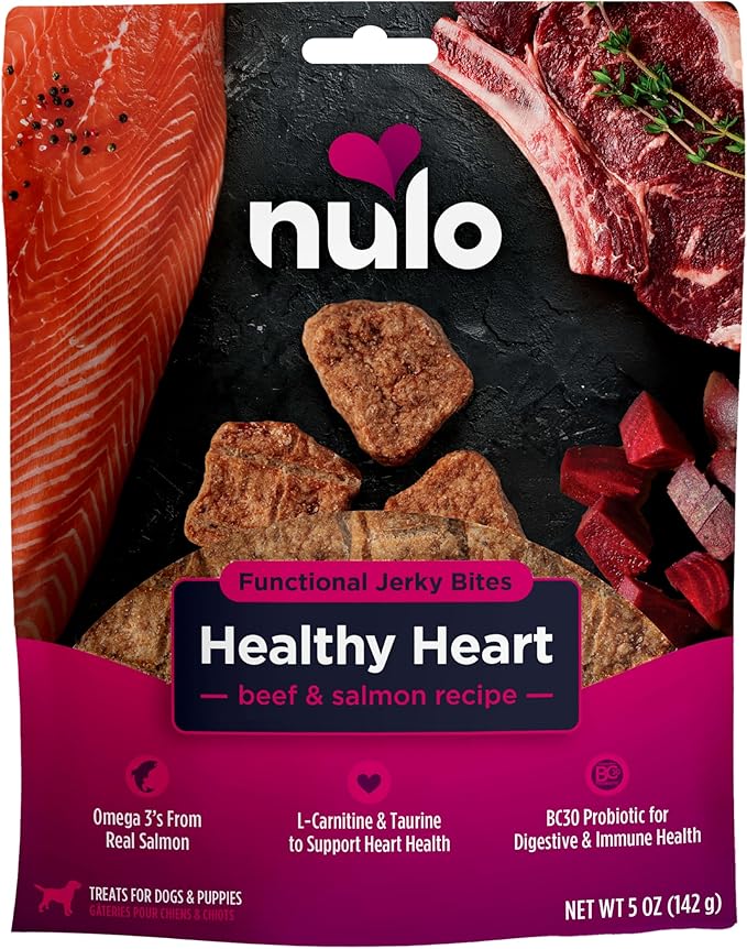 Nulo Functional Jerky Healthy Heart Beef & Salmon Dog Treats 5 OZ Bag
