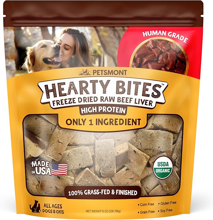 Petsmont Hearty Bites - Organic Freeze-Dried Beef Liver Dog Treats Single Ingredient All Natural, Preservative Free, No Filler Beef Treat for Dogs High Protein Dog Snacks Made in The USA - 8oz