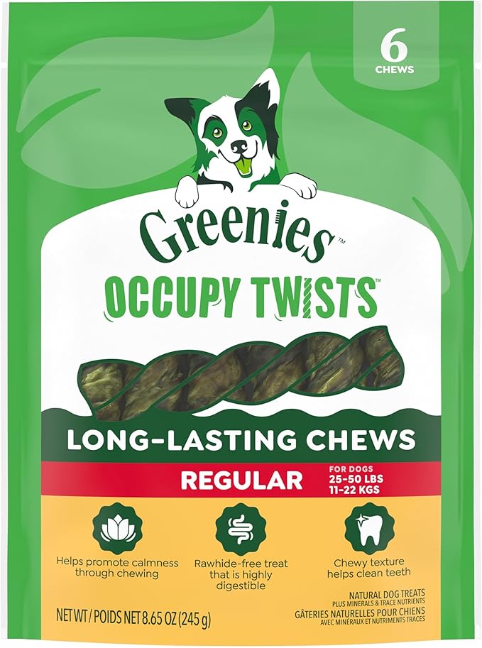 Greenies Occupy Twists Natural Dog Treats Regular Size Dog Chews Long Lasting Chicken Flavor, 8.65 oz. Pack, 6 Count