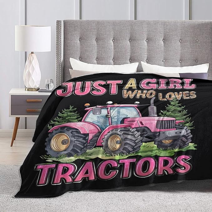 Just A Girl Who Love Tractors Blanket Pink Tractor Decor Throw Blanket Gifts for Girls Boys Super Warm Soft Plush Fleece Flannel Blanket Winter Couch Bedding Blanket for Adults Kids Women Men 60"X50"