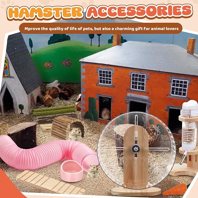 20 Pcs Hamster Toys Set, 16 Small Animal Chewing Toys, Maze Wood House, Silent Exercise Running Wheels and Water Bottle Set Feeding Bowl for Hamster Habitat Rat Cage Accessories(Pink)