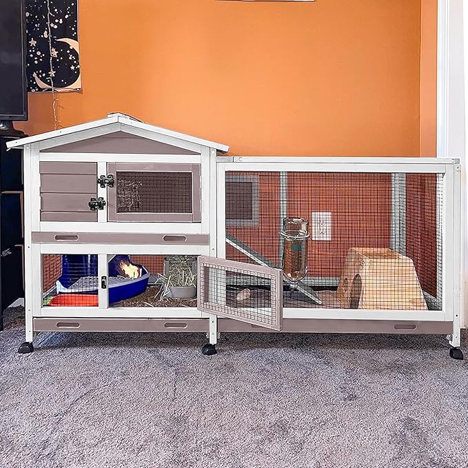 Aivituvin Rabbit Hutch 62" Rabbit Cage Indoor Outdoor Guinea Pig Cage on Wheels Bunny Cage with 3 Deep No Leakage Pull Out Tray,Waterproof Roof (Brown)